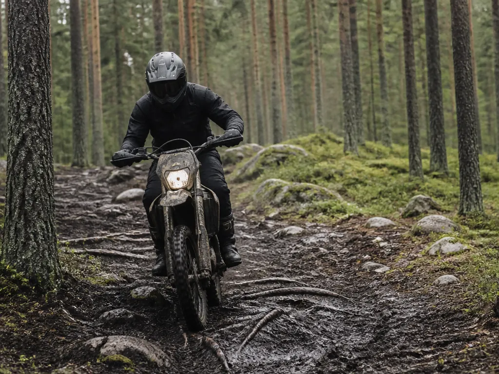 Enduromotorcykel med förare i fullt skyddsutrustning i tuff, lerig skogsterräng