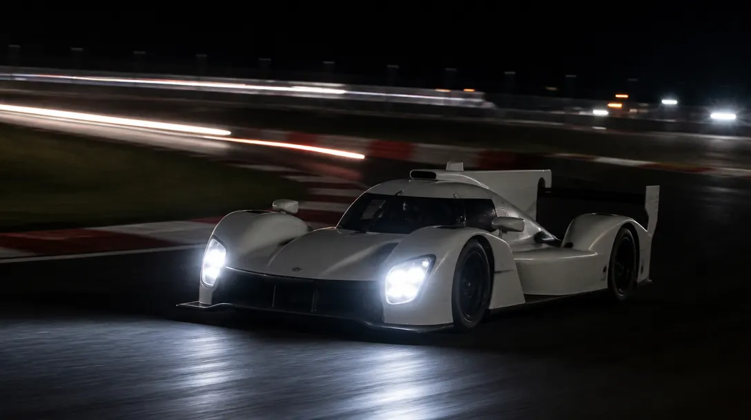 Racingprototyp i hög fart genom en kurva i skymning, med ljusspår från strålkastarna