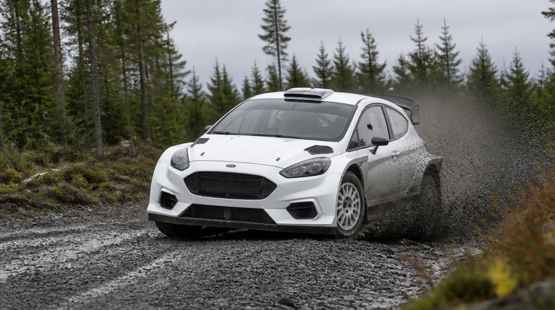 Rallybil på grusväg i sladd med dammoln bakom, genrebild