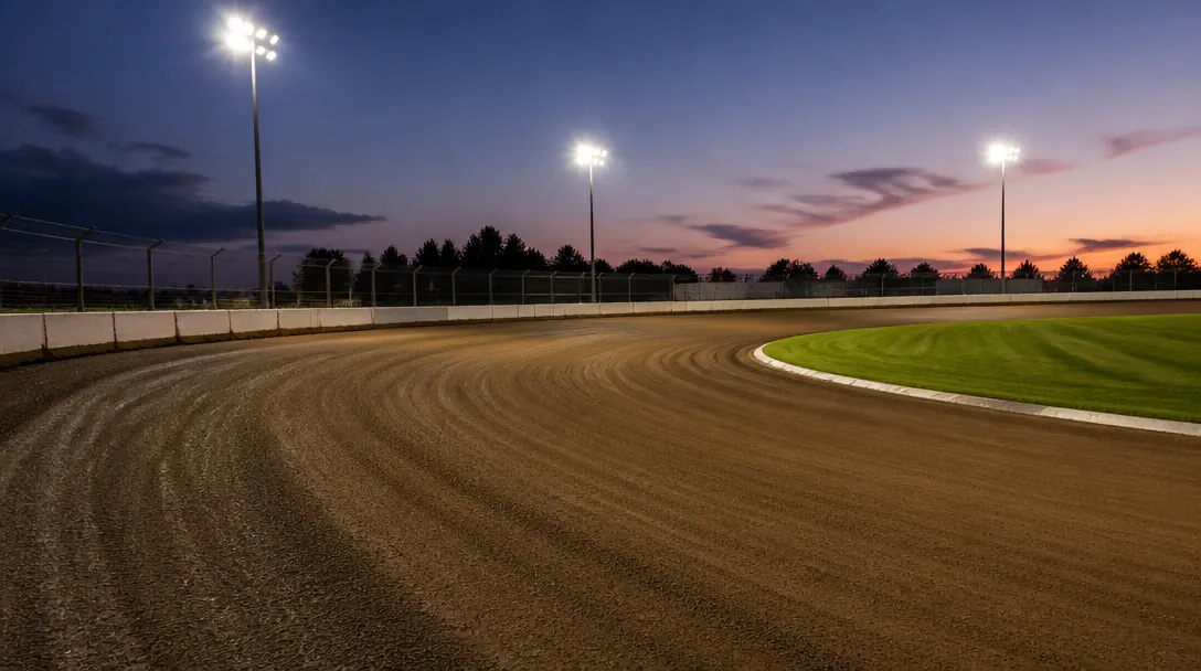 Speedwayförare i tät duell genom en kurva under strålkastarljus på en internationell arena