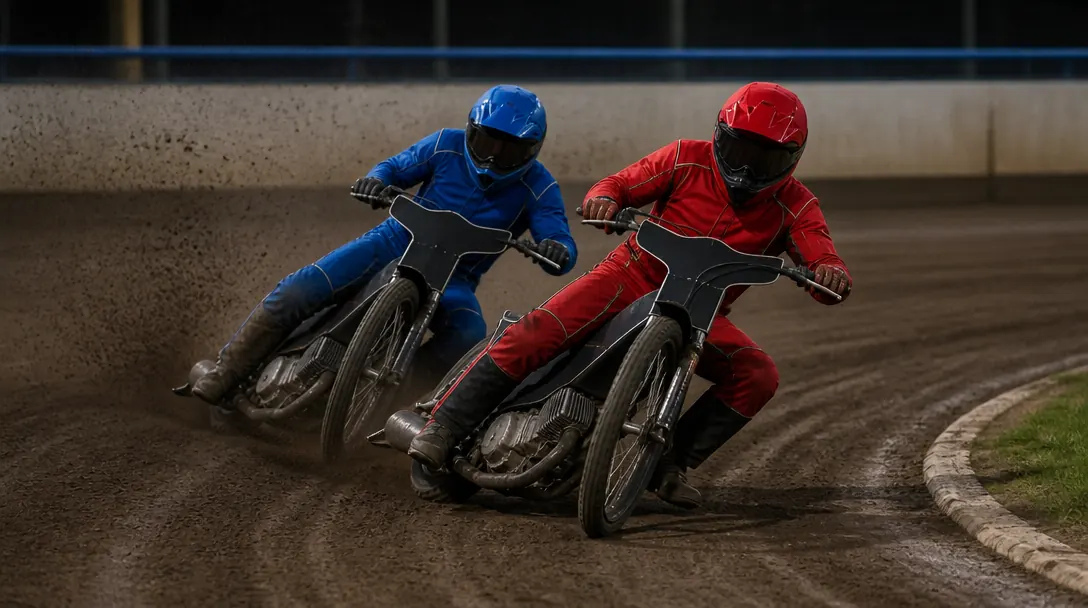 Speedwayförare i sladd genom en kurva på en grusbana, motorcykel utan bakskärm