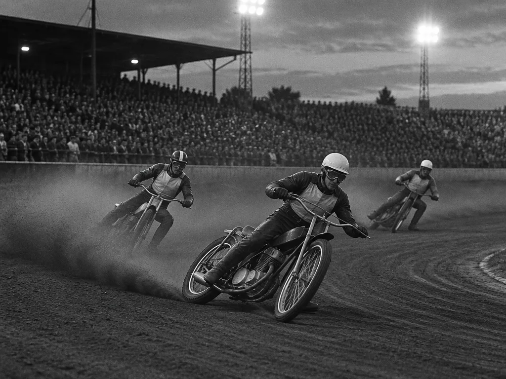 Svartvit bild av speedwayförare i en kurva på en grusbana under strålkastare, i 1960-talsstil
